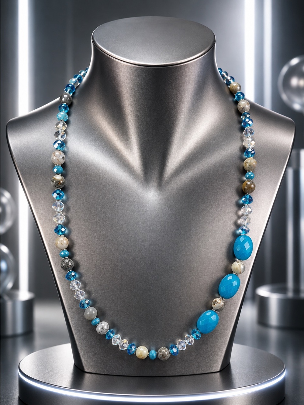 🆕😍Cerulean Blue & Gray Agate Semi Precious Long Necklace